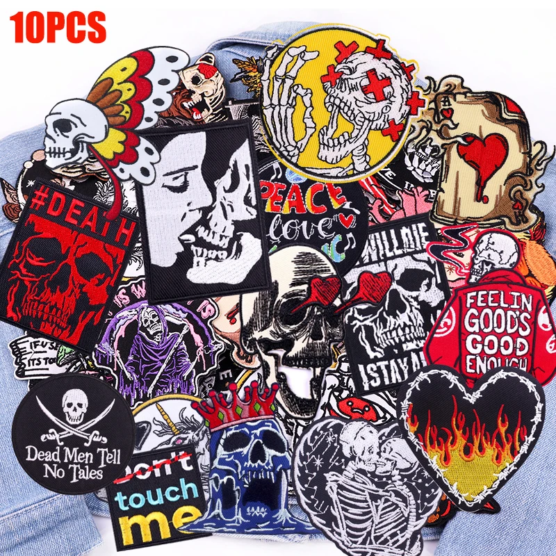 10/20/30/40/50PCS Random mixed Horror Punk Skull Style Embroidered Patches DIY Iron On Patches For Clothing Jackets Jeans Badges