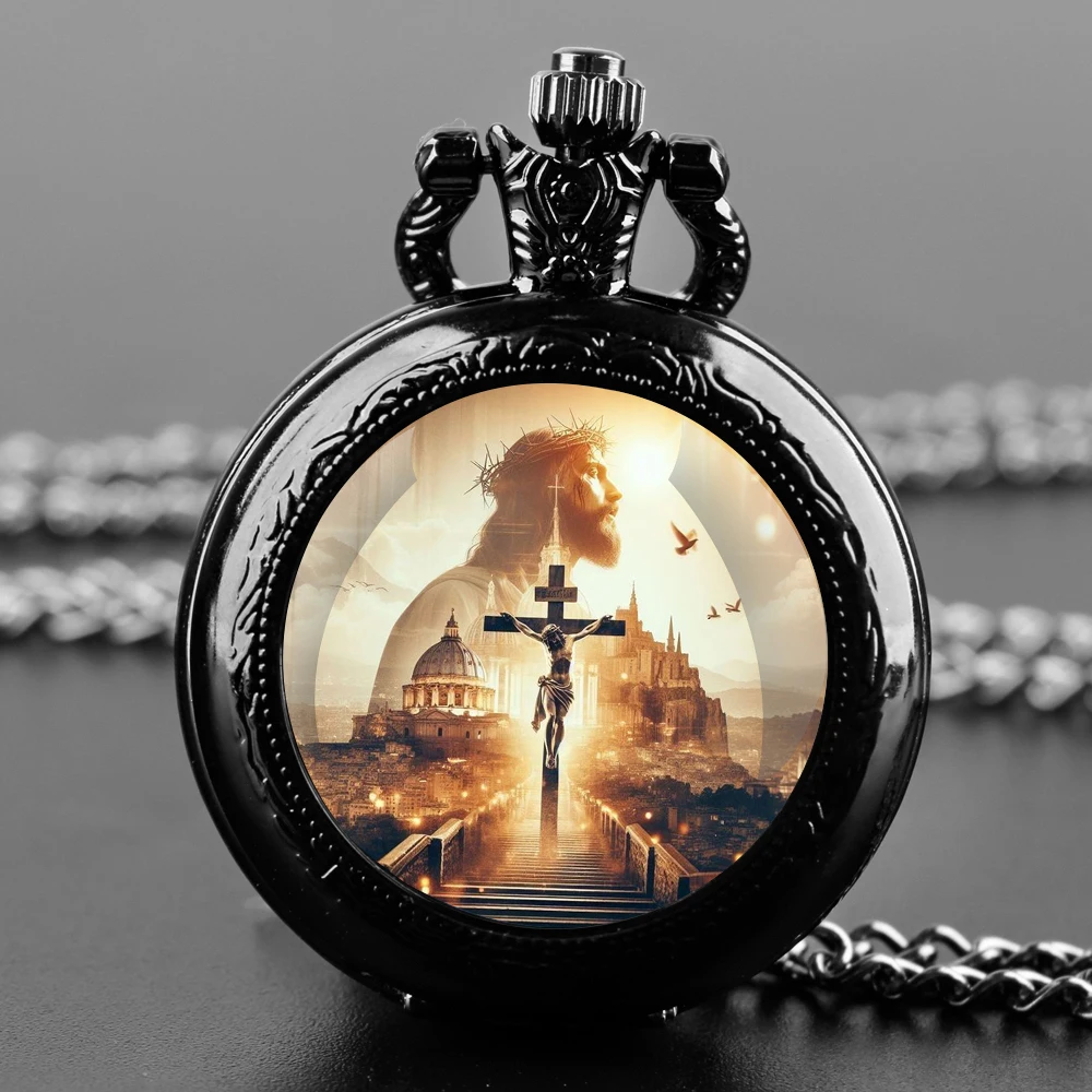 He is risen! Easter Themed Glass Dome Quartz Pocket Watch with Arabic Numerals Dial Durable Chain Perfect For Easter Gifts