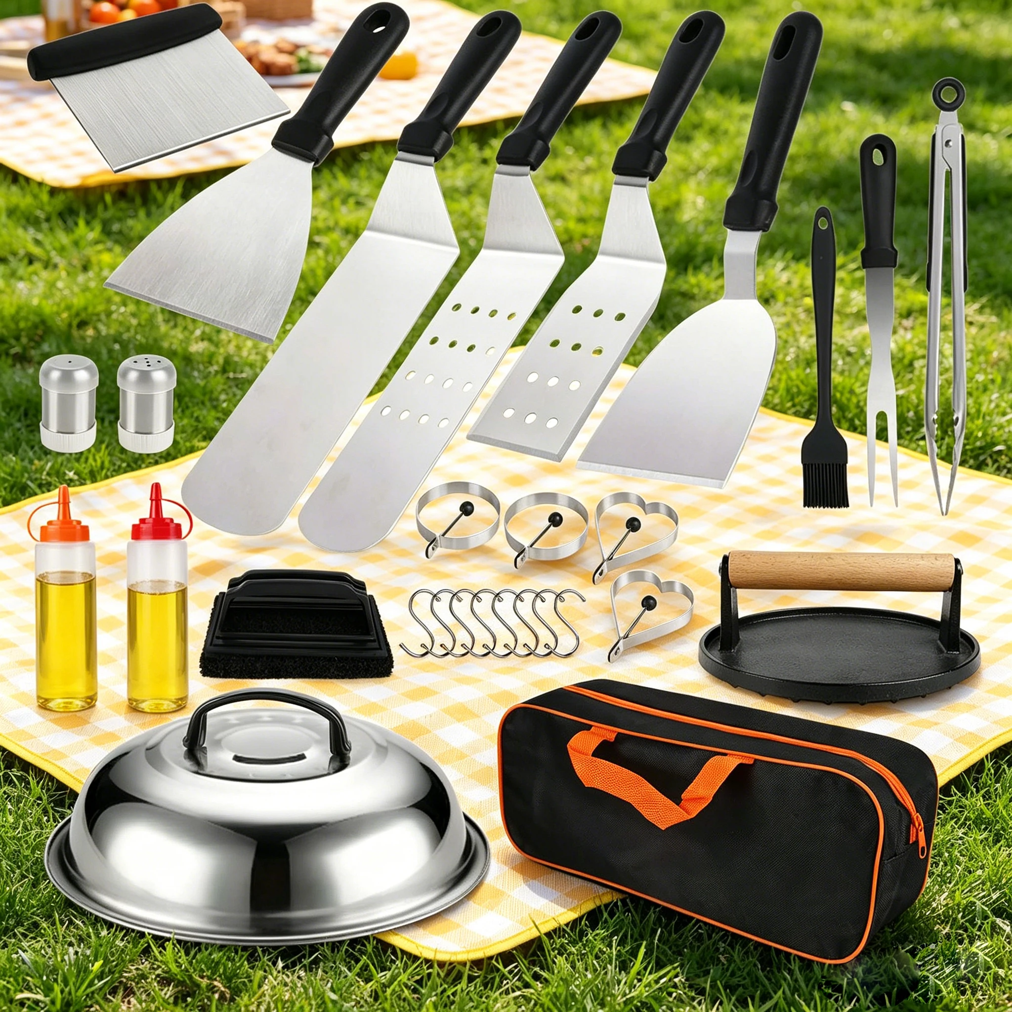 Kit d'accessoires pour plancha de 29 pièces, ensemble d'outils de grillade en acier inoxydable, ustensiles de barbecue avec presse à hamburgers en fonte, couvercle de cuisson, anneaux à œufs pour barbecue, camping, pique-niques, fêtes de famille