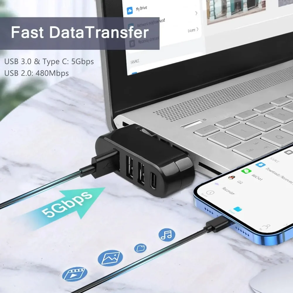 USB Hub 2.0 Adapter 180° Rotatable 3 Ports USB 2.0 U Disk Card Reader Splitter High Speed Data Transfer For Computer Accessories