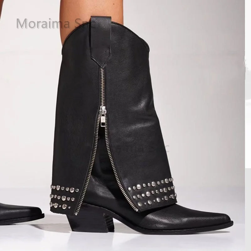

Black Leather Frosted Western Boots for Women Beads Pointed Toe Chunky Heels Slip-On Women's Shoes Zip Decor Mid-Calf Boots