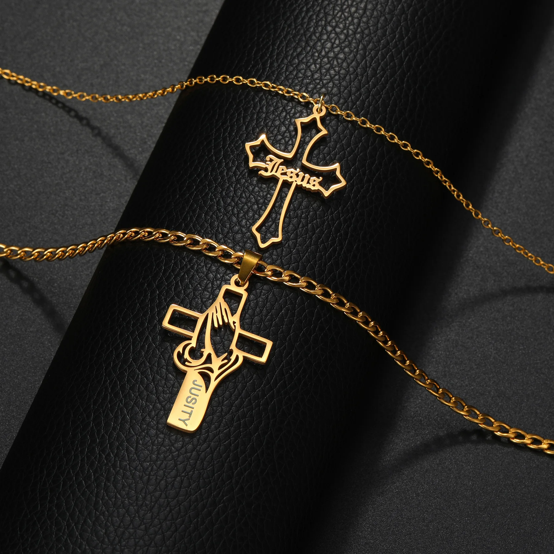 Acheerup Personalized Name Cross Pendant Necklace for Women Men Stainless Steel Custom Letter Chain Cross Jewelry Christian Gift