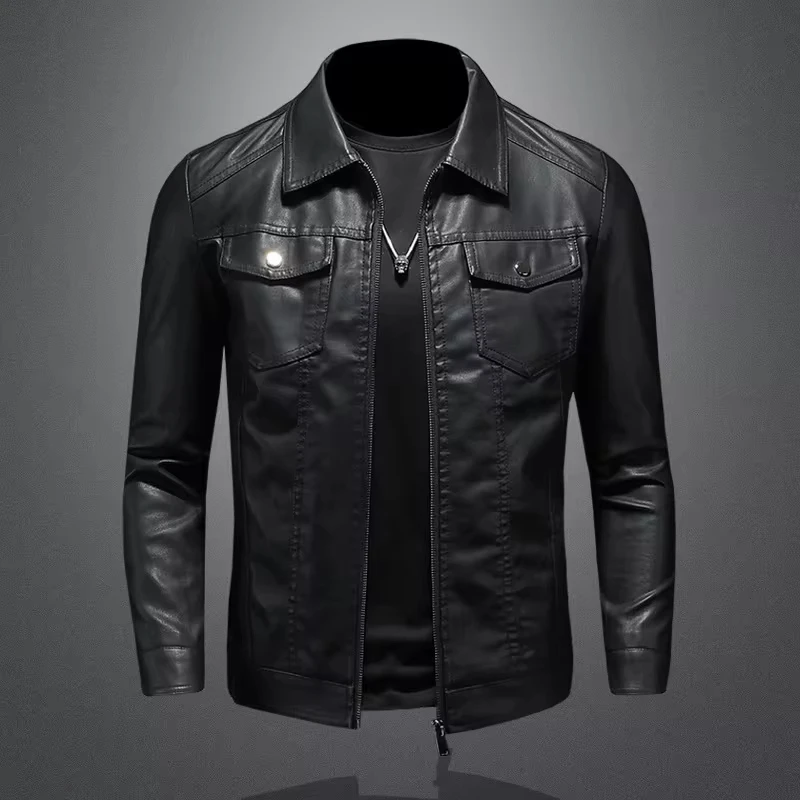 Men's Motorcycle Leather Large Size Pocket Black Zipper Lapel Korean Male High Quality PU Leather Coat for Men