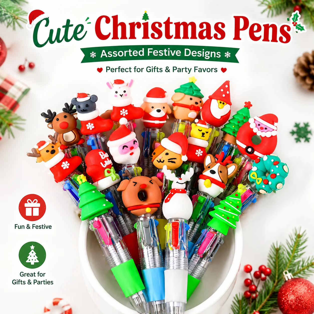 12/24/36pcs Mini Christmas Ballpoint Pens, Santa Reindeer Snowman Designs, Party Favors, Classroom Prizes, Stocking Stuffers