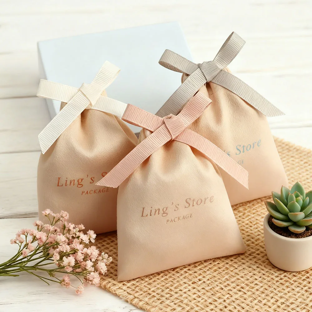 

100Pcs Orange Personalized Logo Jewelry Gift Bag Velvet Suede Cotton Ribbon Drawstring Pouch Pendant Key Shopping Organizer Sack