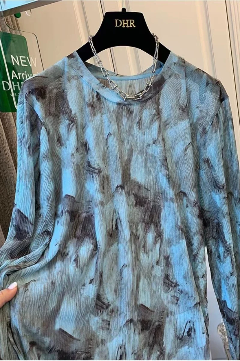 Plus Size 300Pou Dames Long Sve T-shirt Dyed Me Base irt Zomer Losse Zonbescherming Top Trendy ronde Ne Print