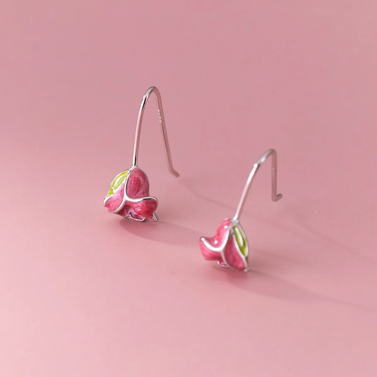 Pendientes de Plata de Ley 925 con Diseño de Tulipán Rosa, Elegantes y Creativos, con Gancho para la Oreja, Estilo Dulce y Personalizado, Modelo E205