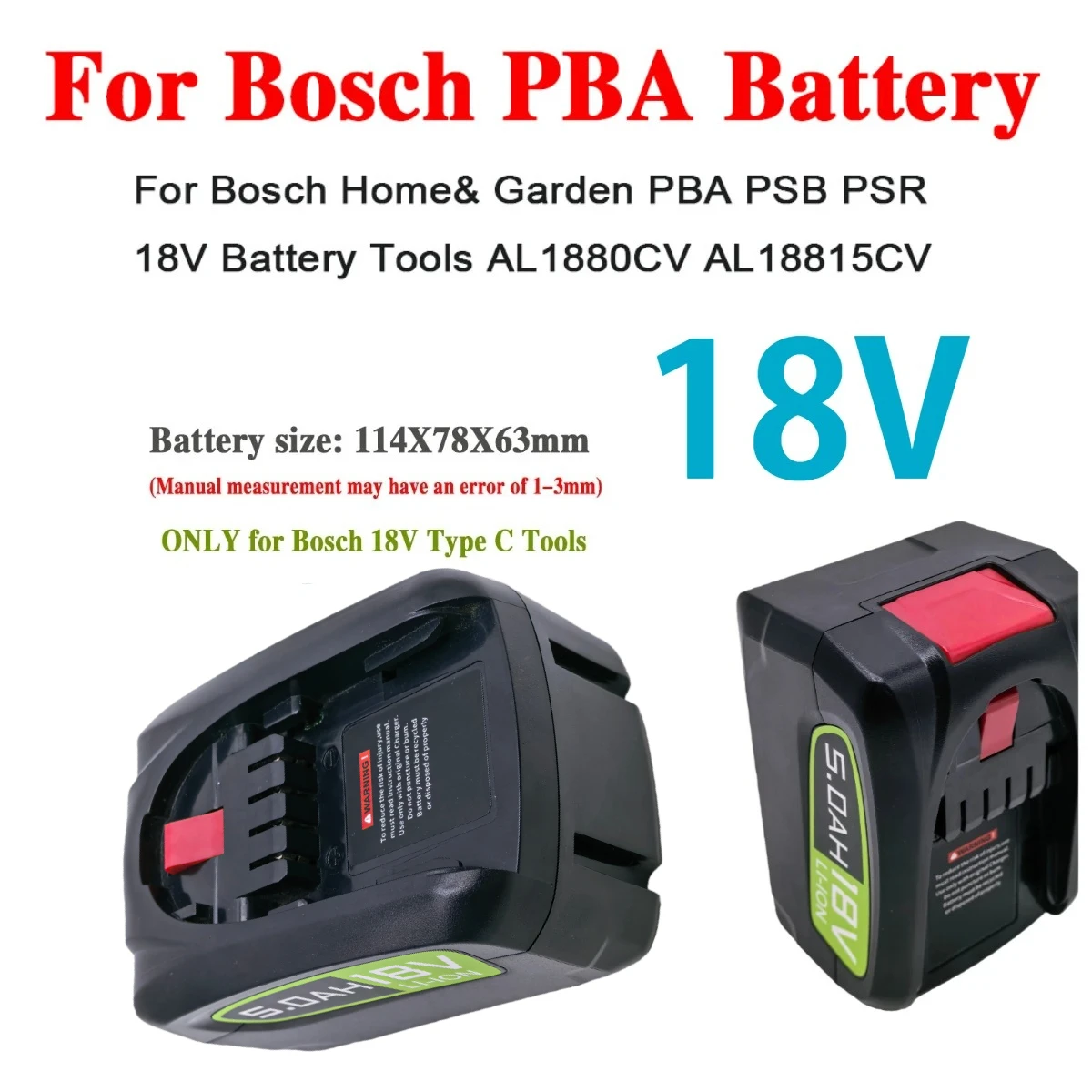 

For Bosch PBA 18V 5.0Ah Replacement Battery for PSB PSR Home & Garden Tools AL1880CV AL18815CV Compatible with PBA 18V Series