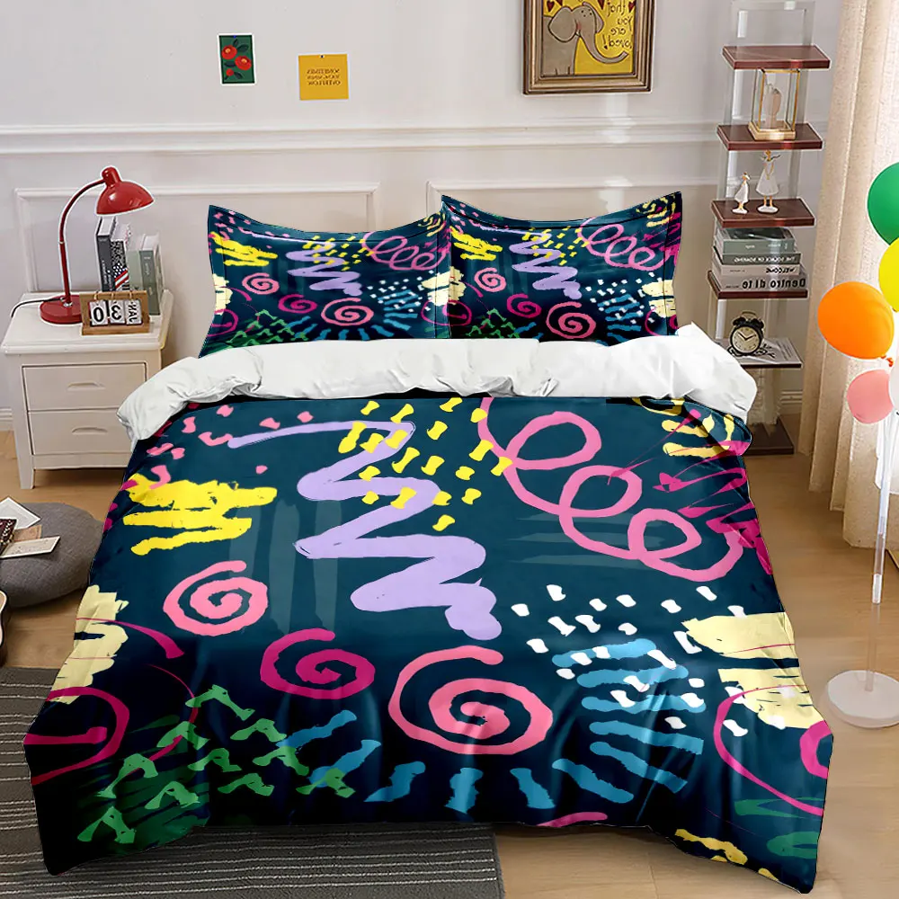 

Abstract colorful doodle lines Print Bedding Set 1 Duvet Cover 2 Pillowcases for Adult and Children Luxury Gift Full Size