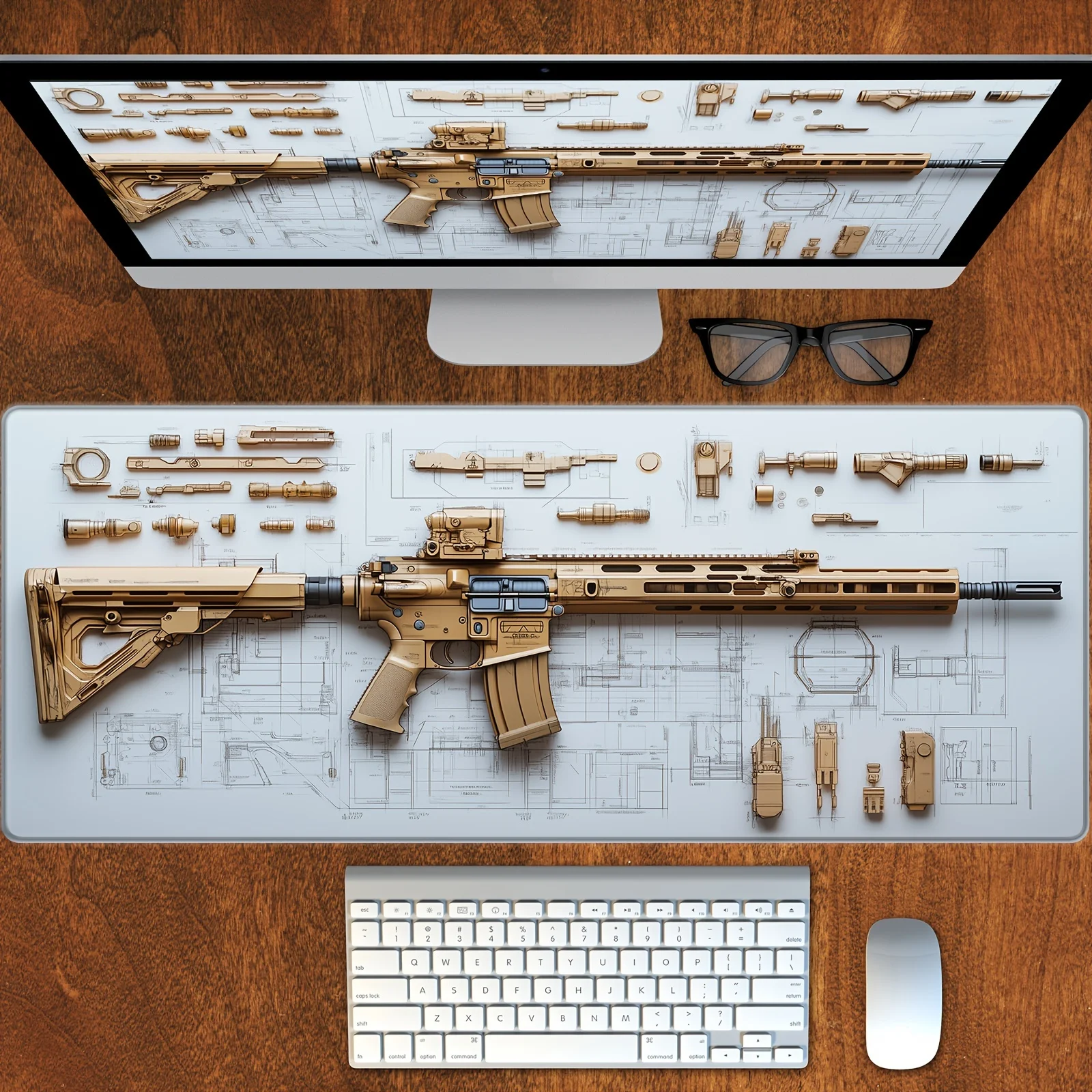 Large AR15 Blueprint Mouse Pad Washable Rubber Non-Slip Desk Mat Gaming Office and Home Playmat 900×400 Mouse Mat Desk Interior