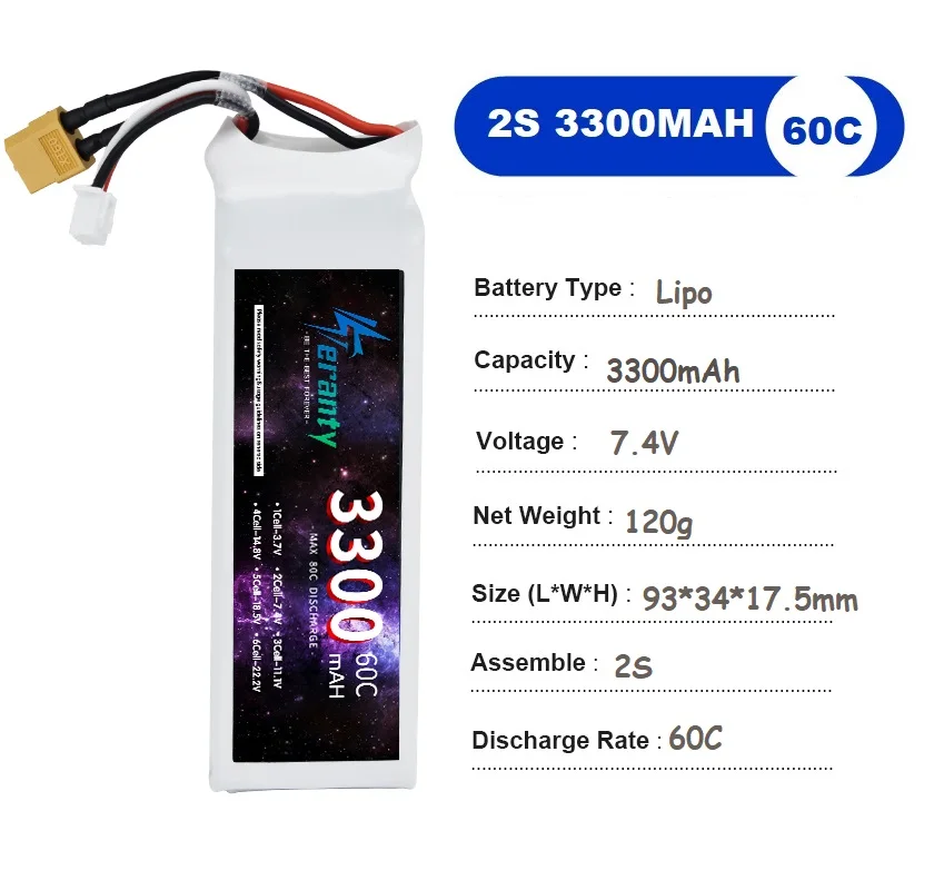 TERANTY 7.4v batteria al litio 2S 3300mAh 60C batteria Lipo per RC modello di auto da corsa droni barche aereo FPV con connettore XT60