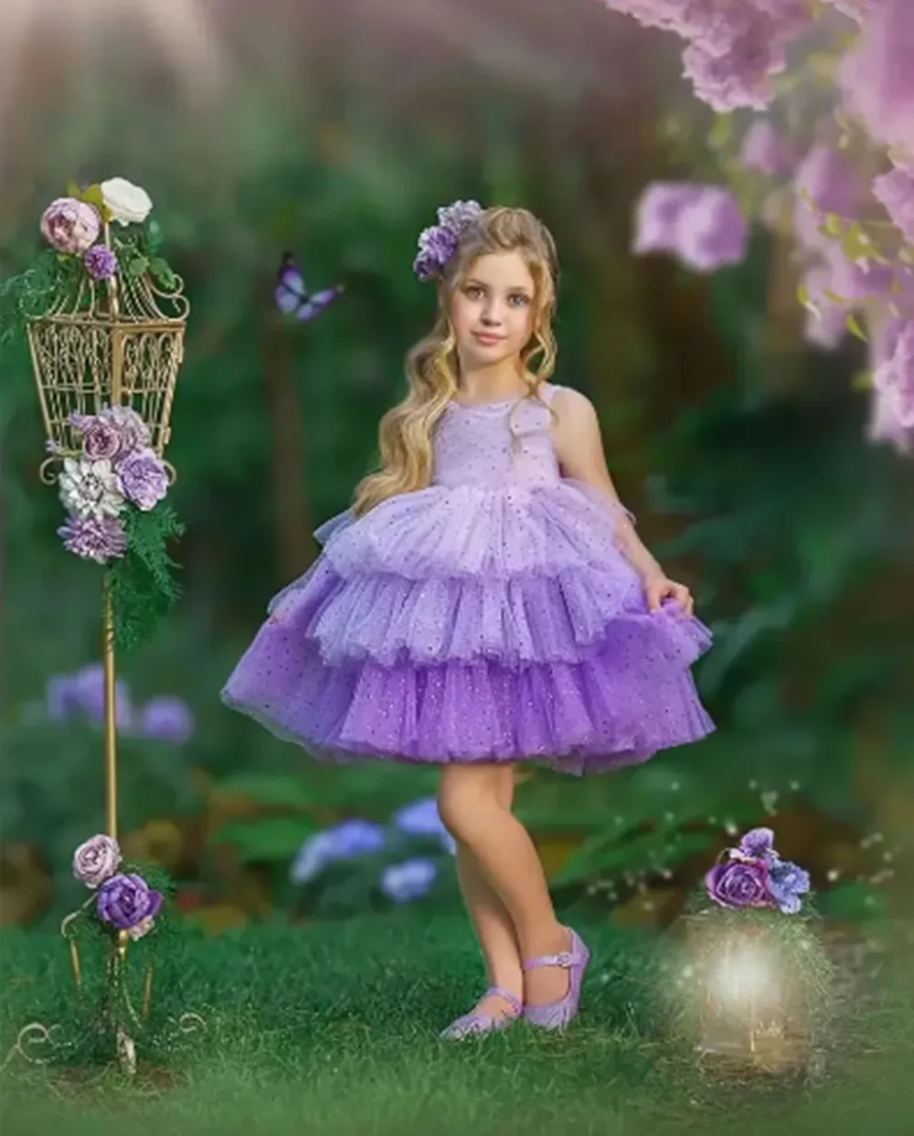 Customized Purple Flower Girl Dresses For Wedding Layered Backless Sequins With Bow Kids Birthday Party First Communion Gown