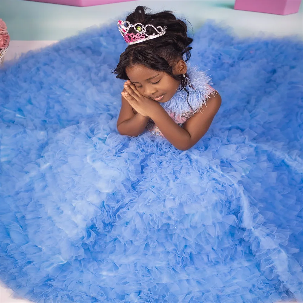 Vestidos de niña de flores con volantes de tul y plumas de lujo, falda acampanada con cuello alto de cristal, vestidos de graduación y cumpleaños escalonados para niños pequeños