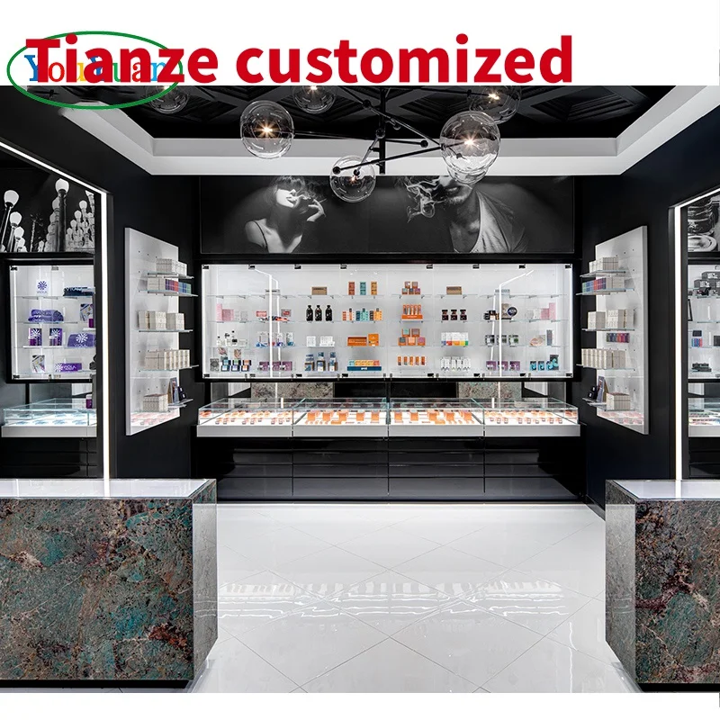 (customized)Artificial Marble Counter Aluminum Frame Smoke Shop Showcase Store LED Glass Shop Display Cabinet