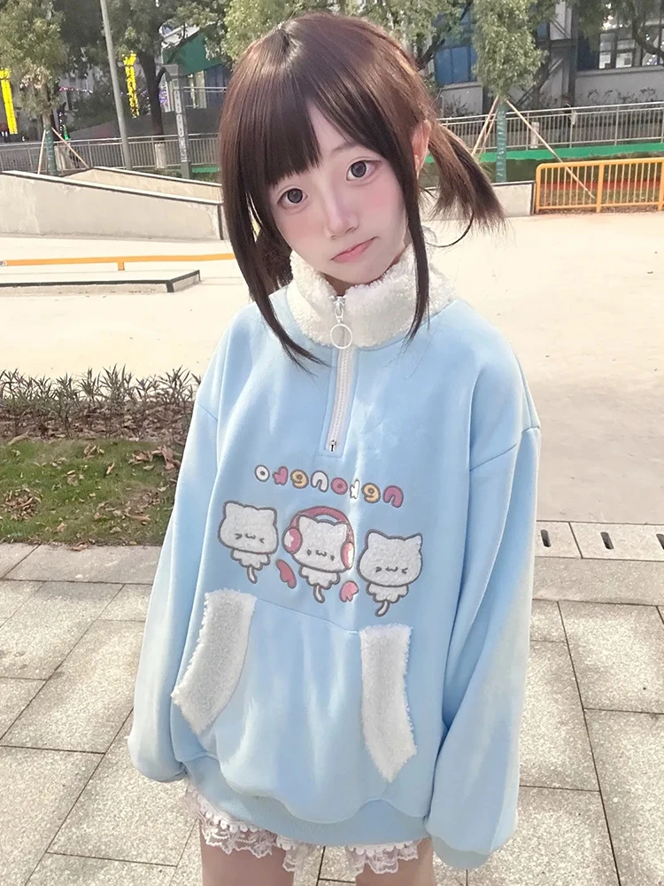 Sudaderas con estampado de dibujos animados japoneses para mujer, jerséis con media cremallera, subcultura Kawaii, camisetas nuevas de moda estética bonita Harajuku