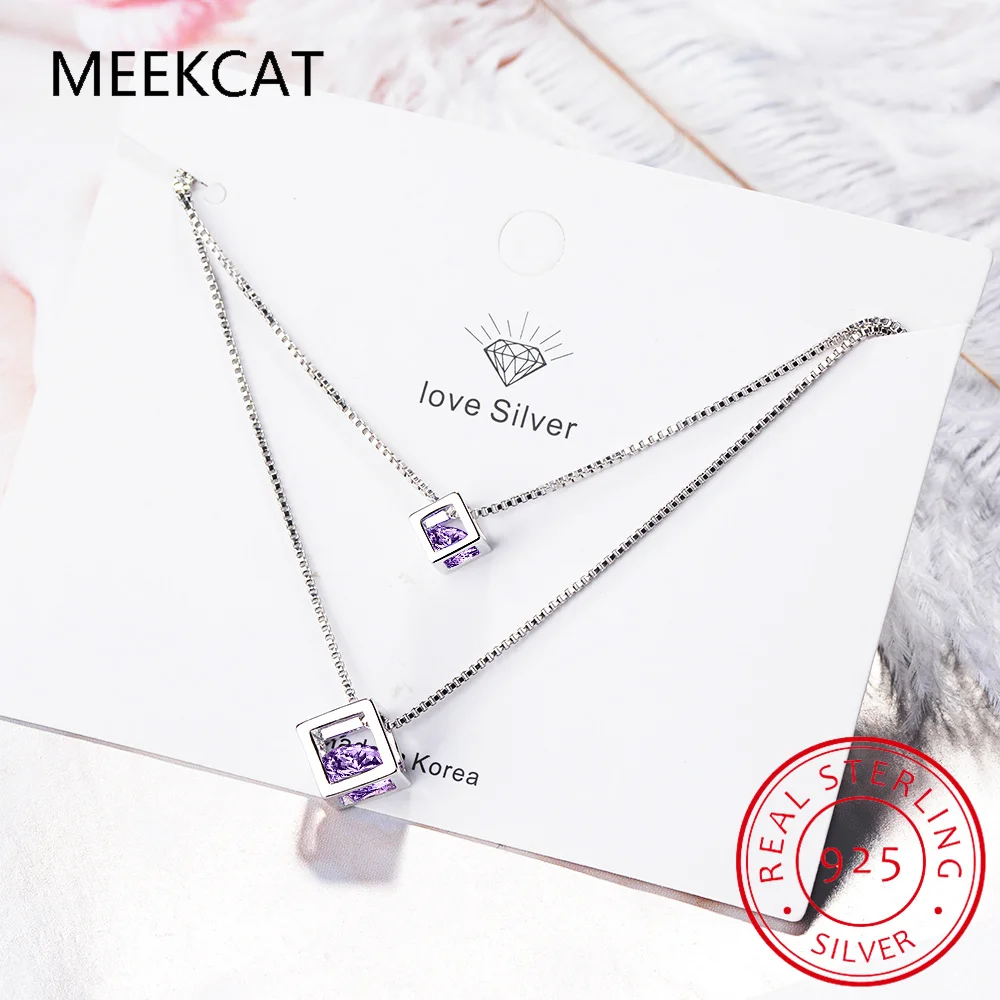 

Круглый натуральный аметист, стерлинговое серебро 925 пробы, двухслойный квадратный куб, ожерелье, фиолетовый драгоценный камень, эффектное ювелирное колье