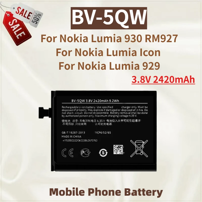 

Высококачественный аккумулятор BV-5QW 3,8 В 2420 мАч для Nokia Lumia 930/Icon/929/RM927, новая сменная батарея