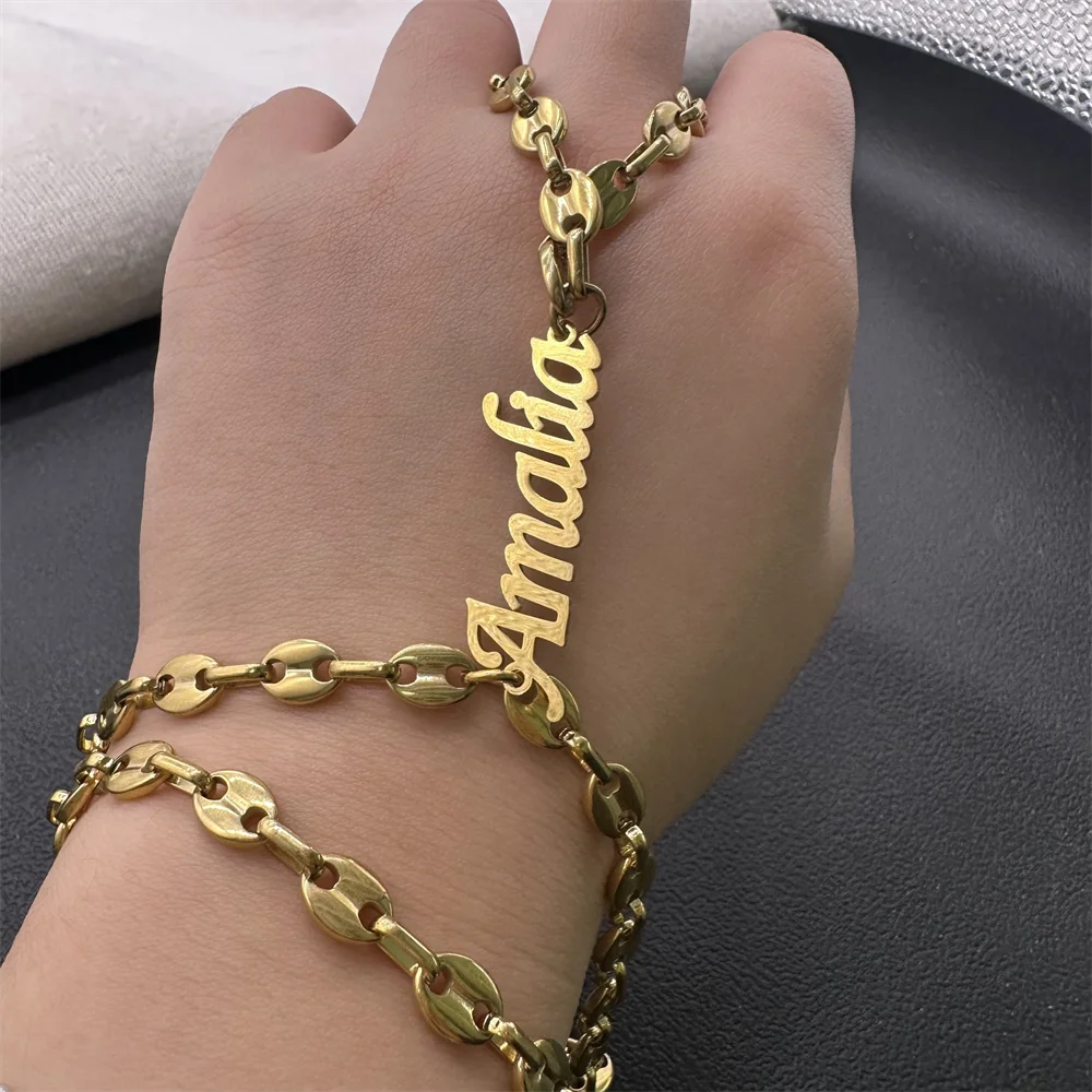 Gold Custom Name Bracelets Stainless Steel Coffee Beans Link Chains Personalized Bracelet For Women Customized Jewelry Gifts