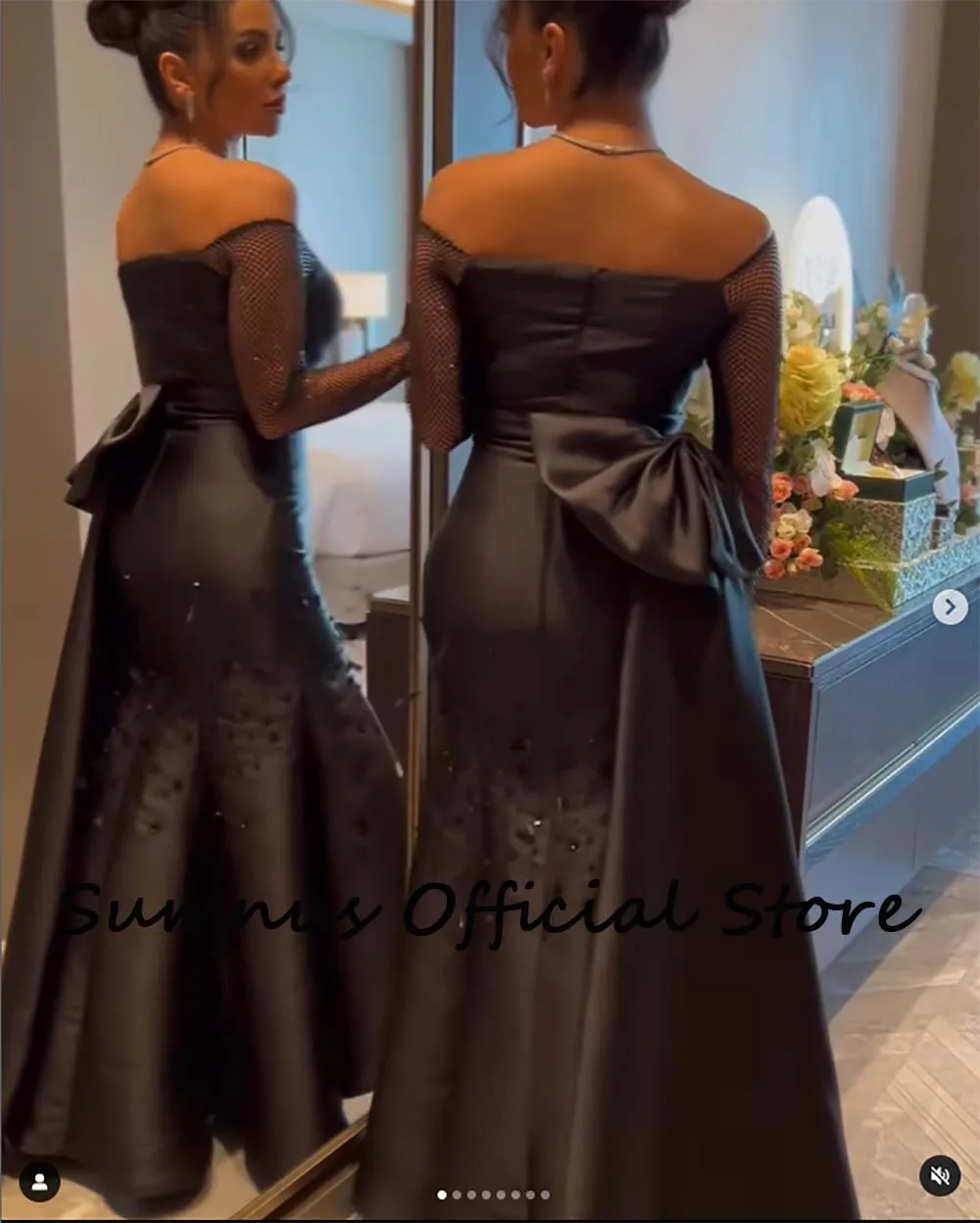 Sumnus-Black Mermaid Strapless Evening Prom Dresses, miçangas fora do ombro, cetim de manga comprida, árabe, Dubai Wedding Party Gowns, 2024