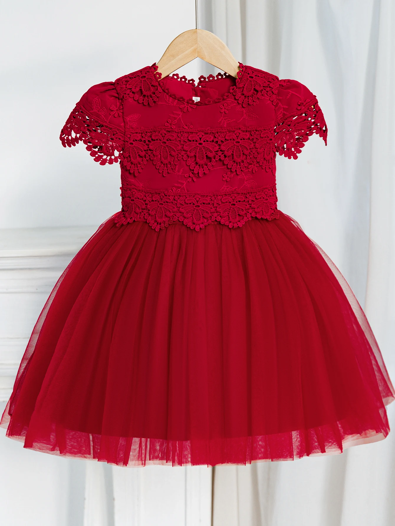 Girls' Red Dress Lace Dress Wedding Flower Girl Birthday Party Small Dress Children's Clothing