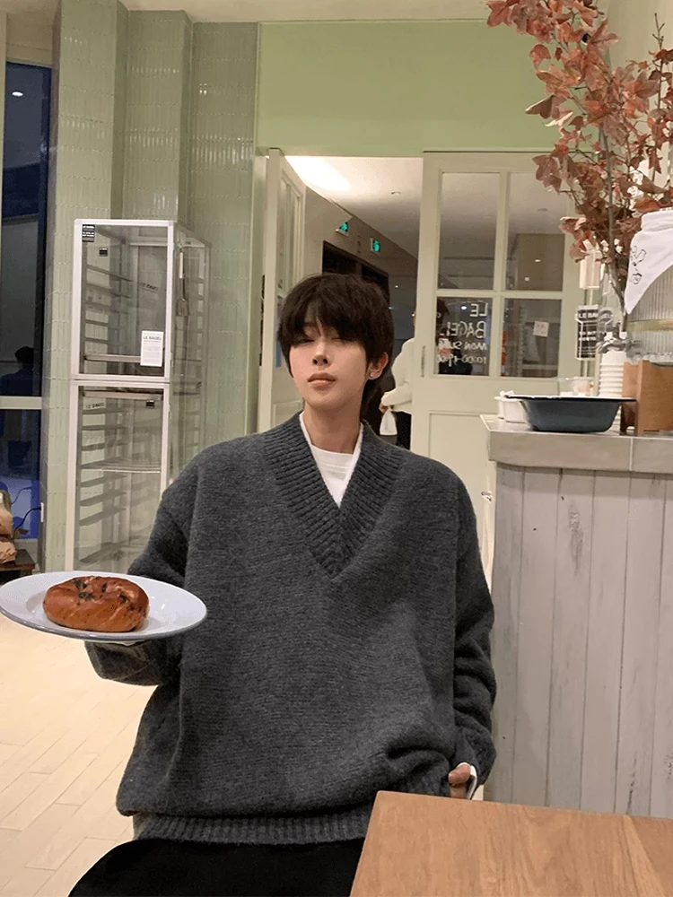 Maglione lavorato a maglia V-ne da uomo allentato Autunno Inverno Abbigliamento interno casual Strato base irt Coppia abbinata in fibra di poliestere Lunga Sve
