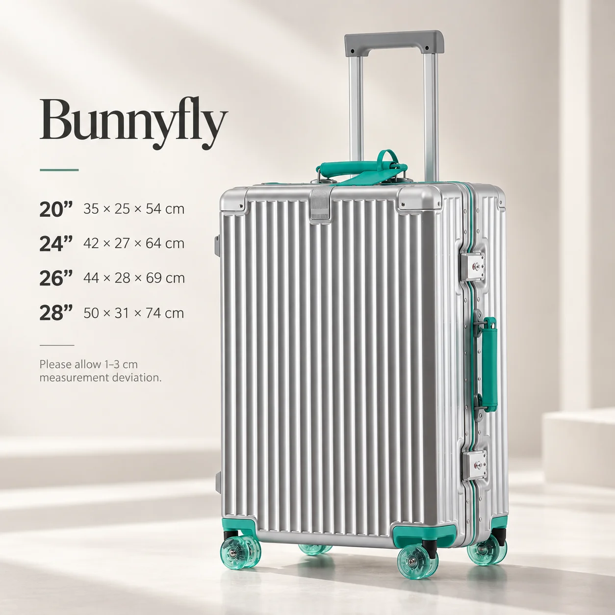 Bunnyfly Aluminum Frame Luggage 20-28 Inch Hard Shell Spinner Suitcase with Dual TSA Locks & Silent Wheels