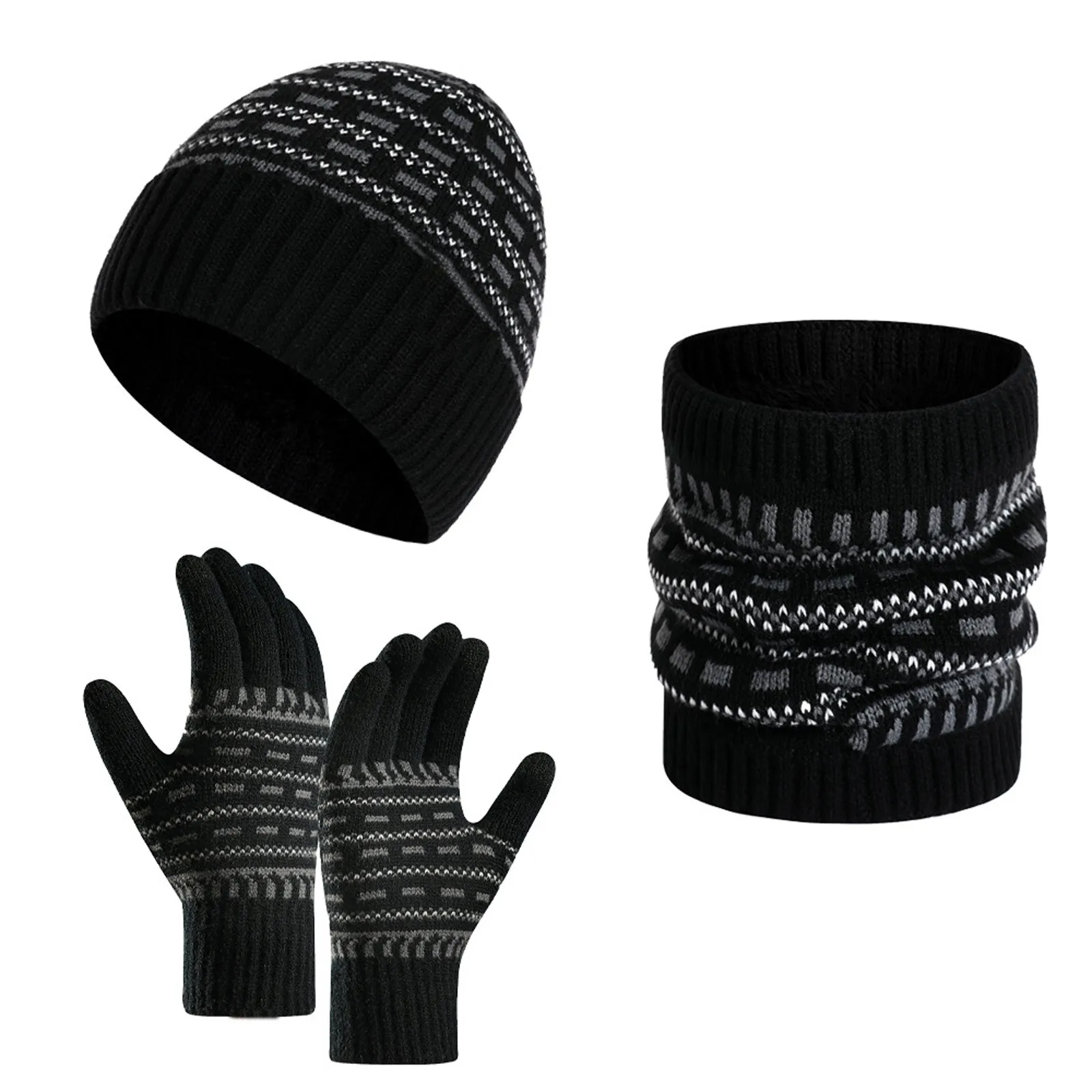 Women Men Winter Warm 3pcs Wool Hat Scarf Gloves Slouchy Three Pieces Winter Snow Knit Cap Scarf Hat Gloves