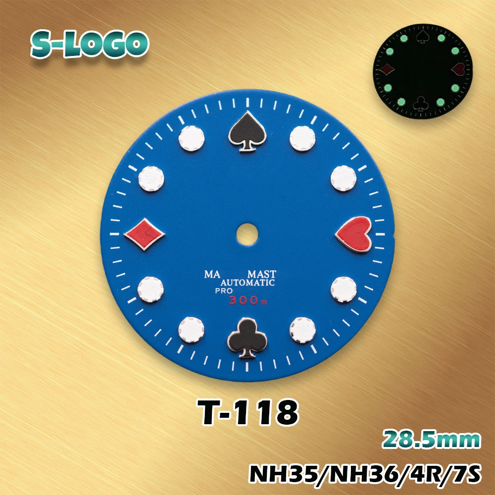 Poker Theme Dial 28.5mm for NH35/NH36/4R/7S | S Logo & Green Luminous | High Quality Men's Watch Modification Accessories