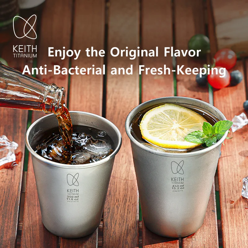 KEITH Pure Titanium Single Wall Drinking Cup Stackable Ultralight Portable Mug for Beer Cold Drinks Coffee Camping Travel Home