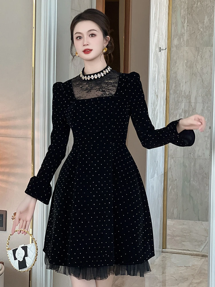 

Women‘s Vintage Elegant Banquet Dress Sweet Black Lace Splice Bright Rhinestones Mesh Swing Robe Female Party Date Vestido Lady