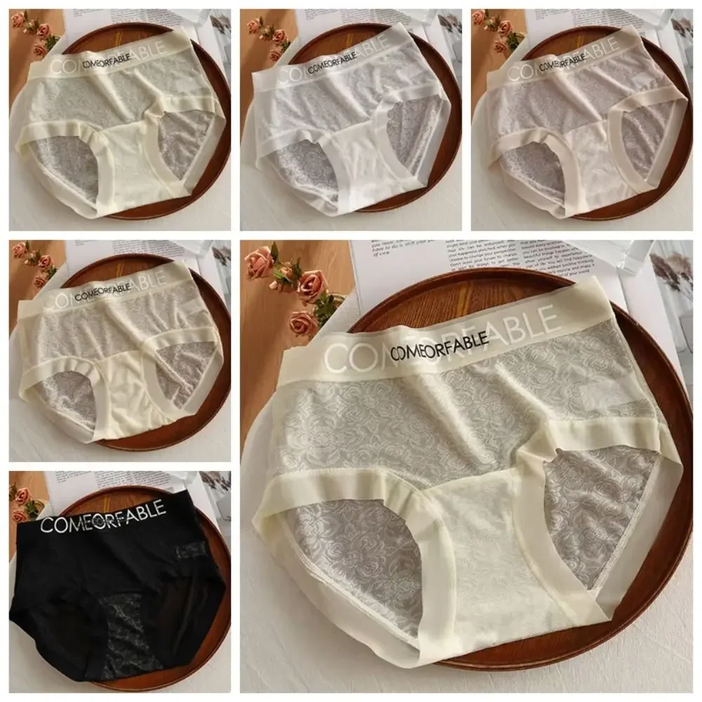 4Pcs Ultra-thin Lace Flower Briefs Transparent Cotton Crotch Mesh Seamless Panties Mid Waist Underpants Underwear for Women Lady