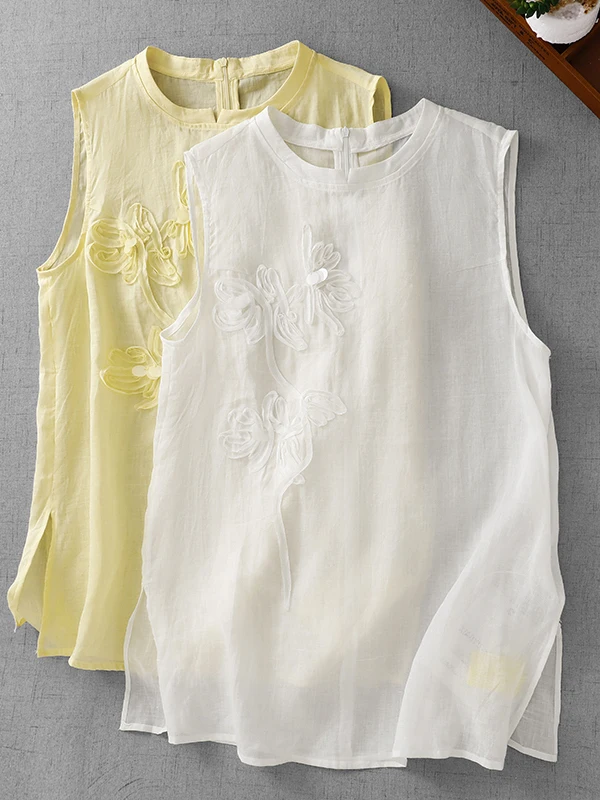 

Художественный однотонный жилет с 3D цветочным принтом, маленький жилет большого размера, женский летний хлопковый льняной топ средней длины с круглым вырезом по бокам