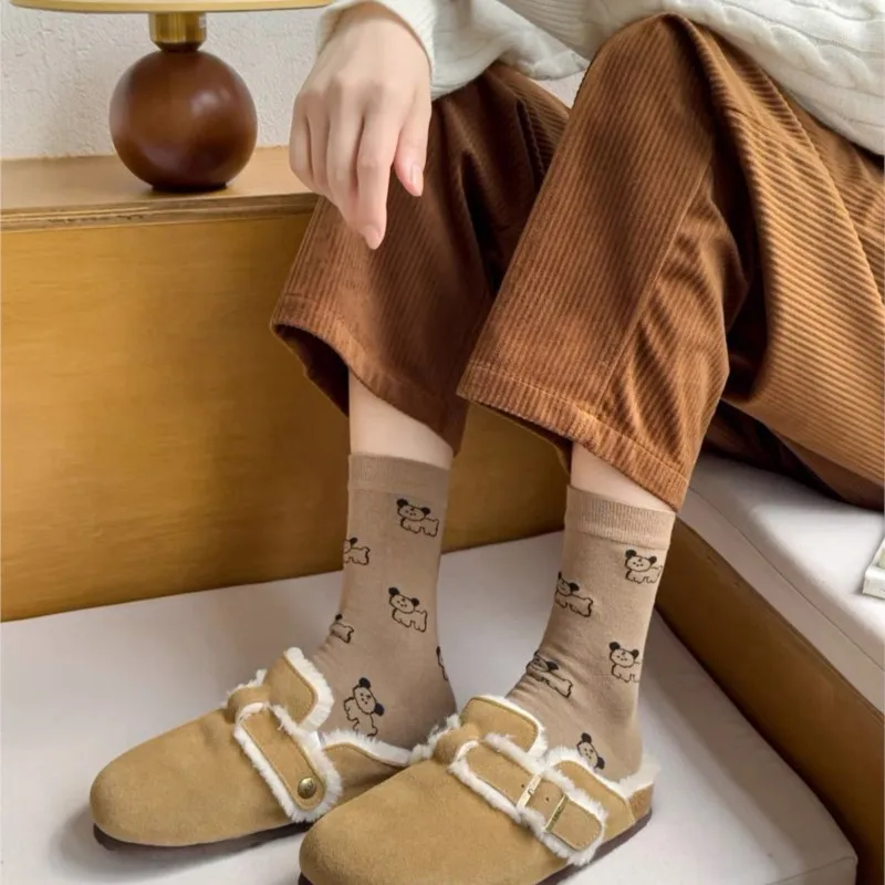 Women's Autumn Winter Socks Solid Color Simple Cute Puppy Cotton Socks Comfortable Casual Coffee Color System Fashion Stockings