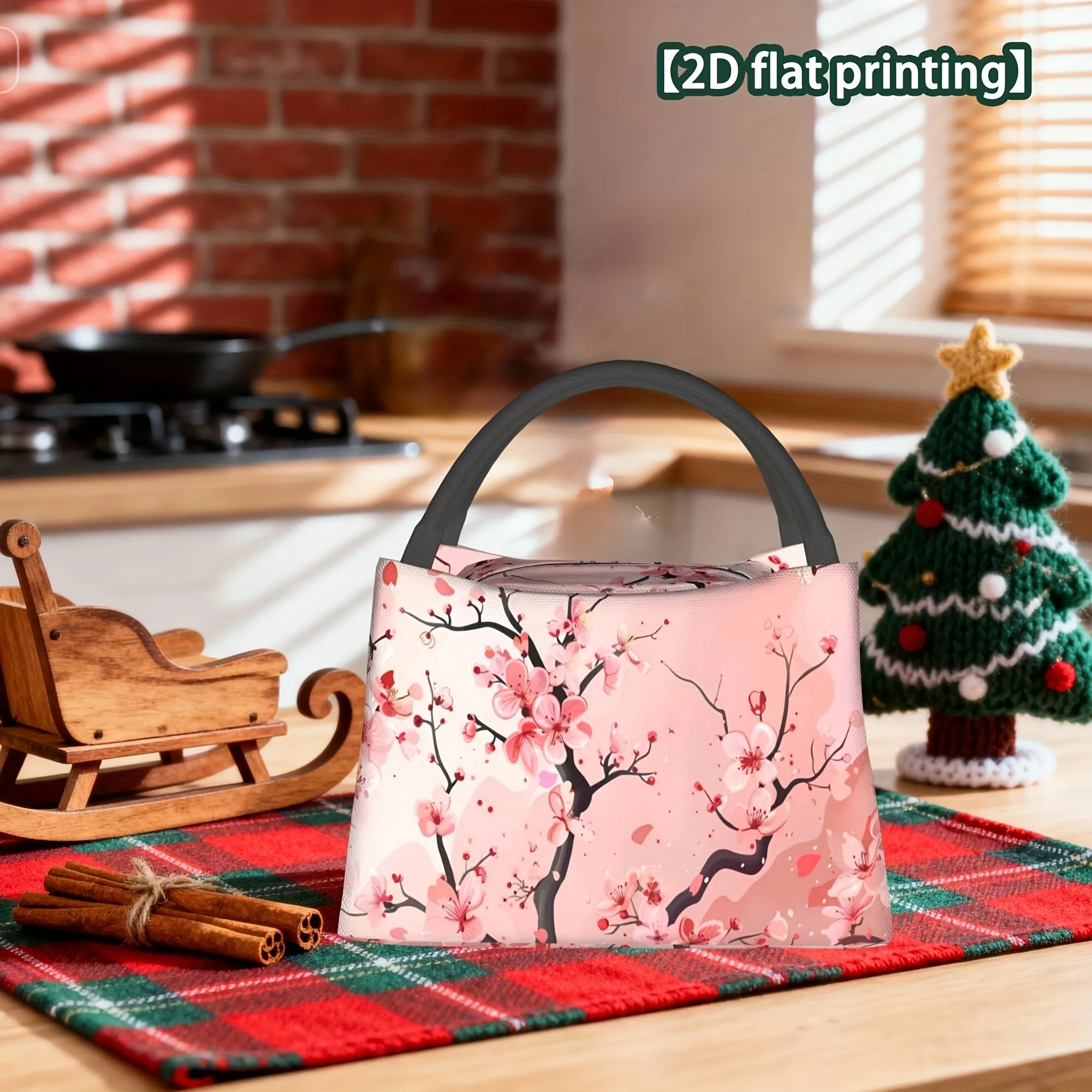 Peach Blossom Print Insulated Lunch Bag Portable Reusable for Picnic Office School Hiking