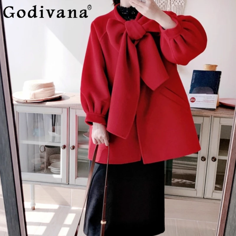 

Autumn Winter Sweet Bow Loose Medium Long Double-sided Woolen Cashmere Coats Fashion Women Versatile Age-reducing Christmas Coat