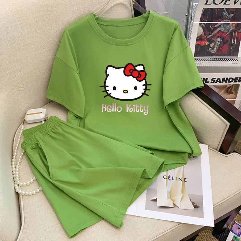 2024 New Summer Fashion Hello Kitty Pajamas Woman Viscose Fibre with Short Sleeves Shorts Girl Kawaii Home Furnishing Clothes