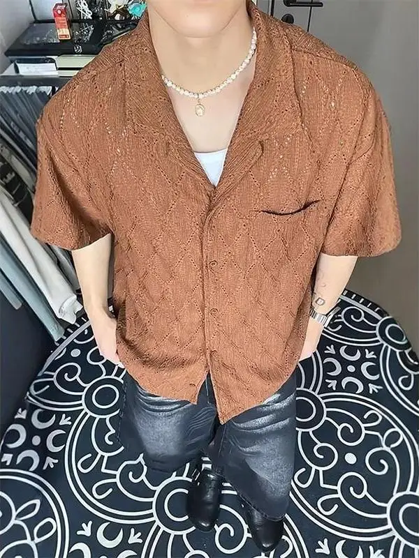 

Summer Large Size 250 Pounds Khaki Hollow out Embroidery Men's Shirt Cuban Collar Half Sleeve Casual Style Breathable Polyester