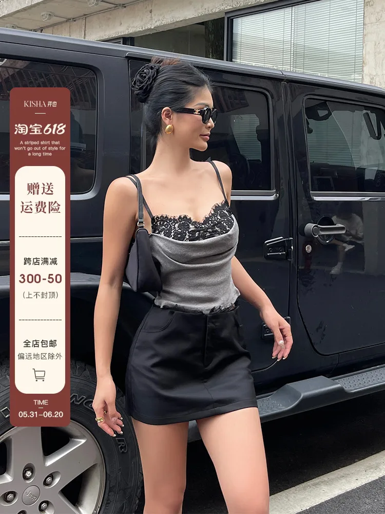 Sexy Spicy Girl Lace Spliced Small Tank Top For Women's Summer New Waist Slimming Thin Shoulder Strap Top Sweet Kroean 7HZK
