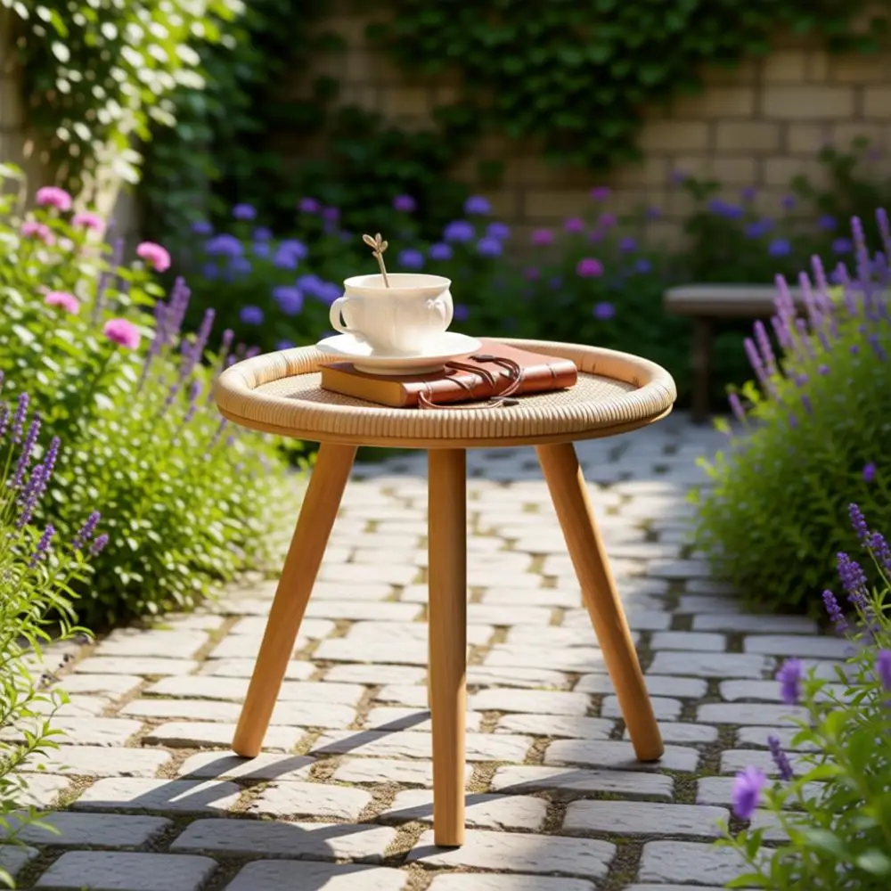 

Плетеный круглый приставной столик в стиле бохо для гостиной, спальни или балкона