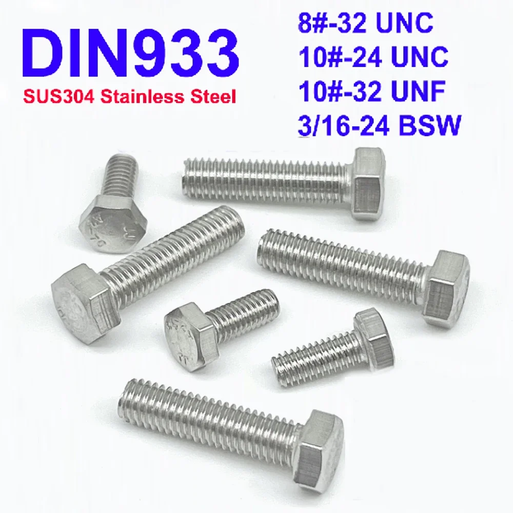 DIN933 Hexagon Screws 8# 10# UNC UNF 3/16-24 BSW SUS304 A2 Stainless Steel External Hexagon Bolts Full Threaded