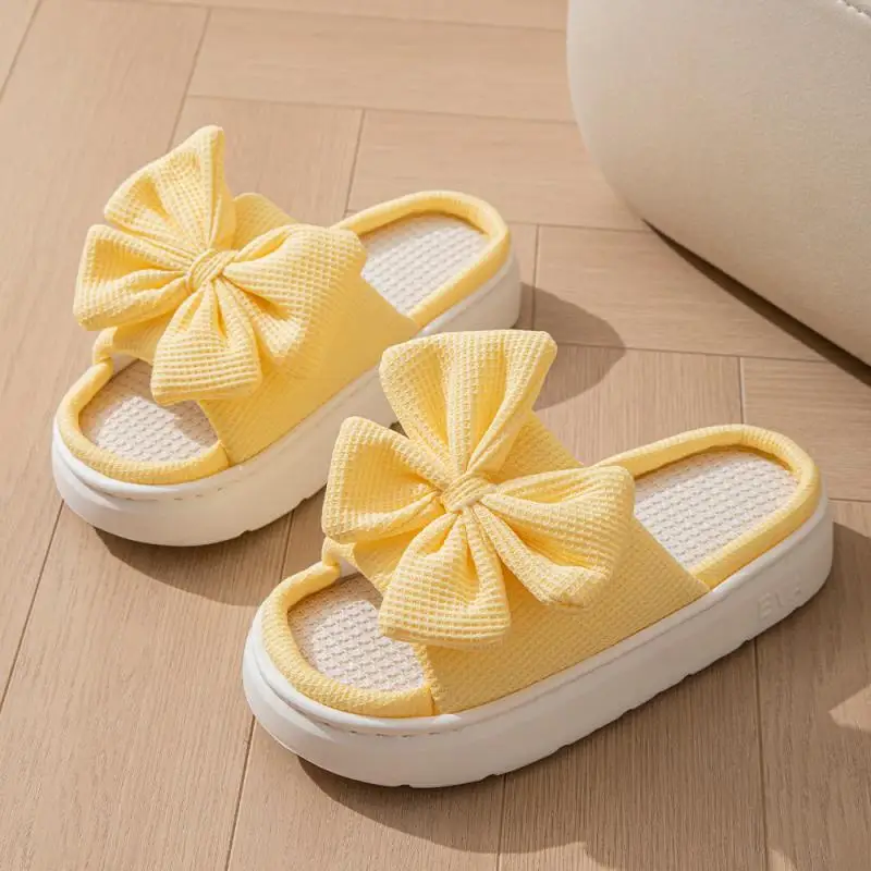 Hemp Platform Slippers Women Home Bow Sweet Casual Designer Shoes Ladies Spring Summer Indoor Slides Soft Sole Non-Slip Floor image 6