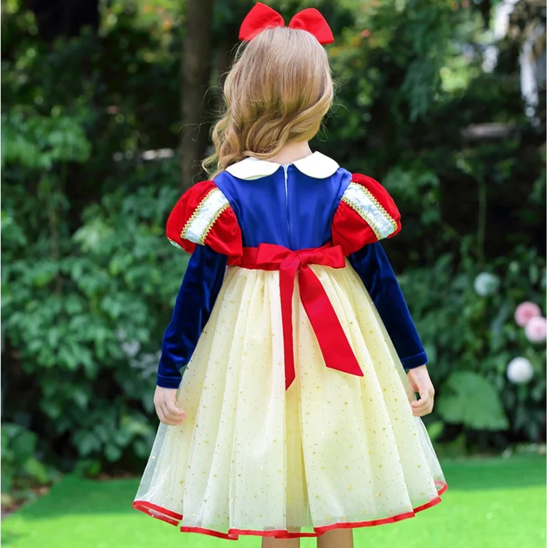 Snow White Costume For Kids Carnival Party Cosplay Outfits Girl Princess Role Playing Frocks Long Sleeve Mesh Prom Dress