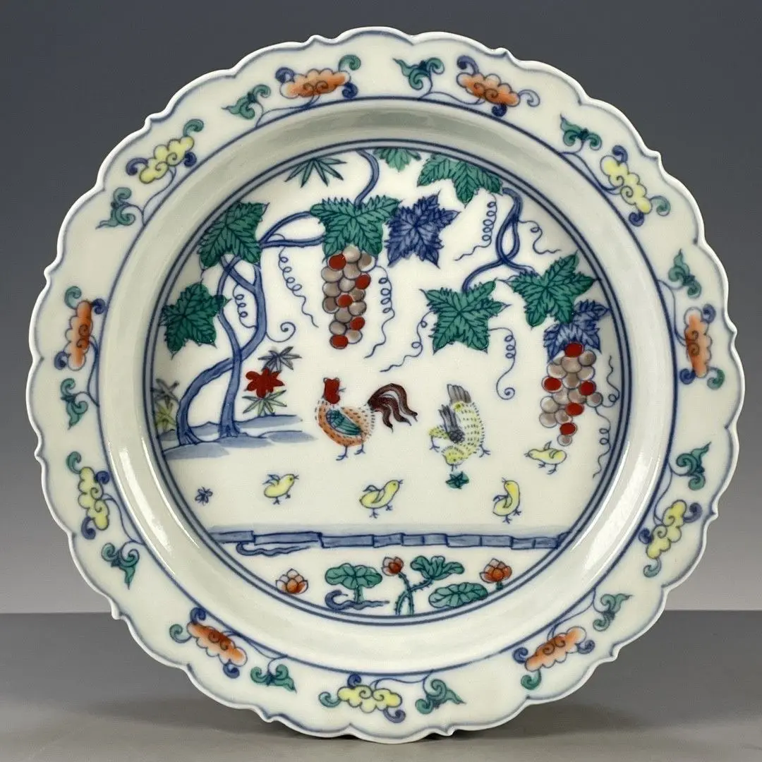 Chinese Wenwan Porcelain Flower Rim Appreciation Washer Plate, Imitation Chenghua Mark Doucai Rooster Pattern Decorative Dish