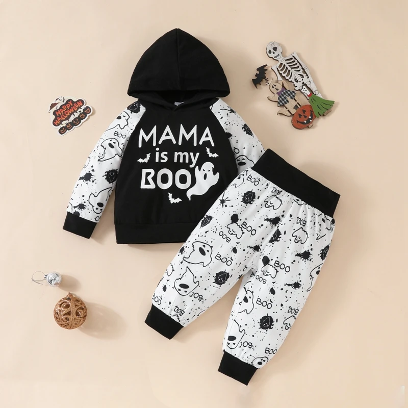 2020-05-27 Liora itiin Baby Halloween Outfit Ghost Print Langarm Kapuzen pullover mit elastischer Taille Hose 2 Stück Set