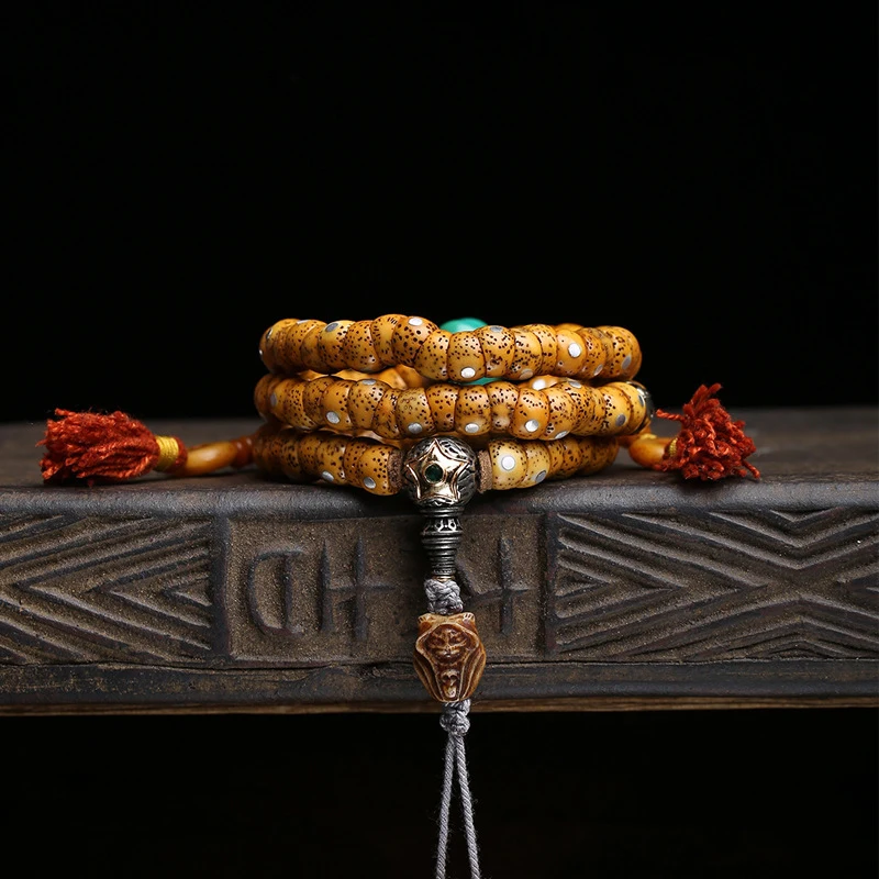 Natural aged material Xingyue Bodhi large intestine , 108 Buddhist , vintage bone copper waist beads, and three-wa