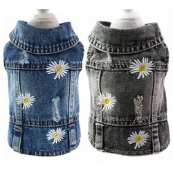 Embroidery Daisy Luxury Dog Clothes Vintage Washed Dog Jeans Jacket  for Small Medium Dogs, Pet Sleeveless Vest Denim Coat
