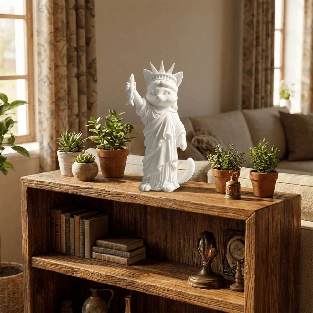 Novelty 3D Printed Liberty Cat Statue Creative Funny Fish Holding Cat Figurine Plastic Cat Statue Office