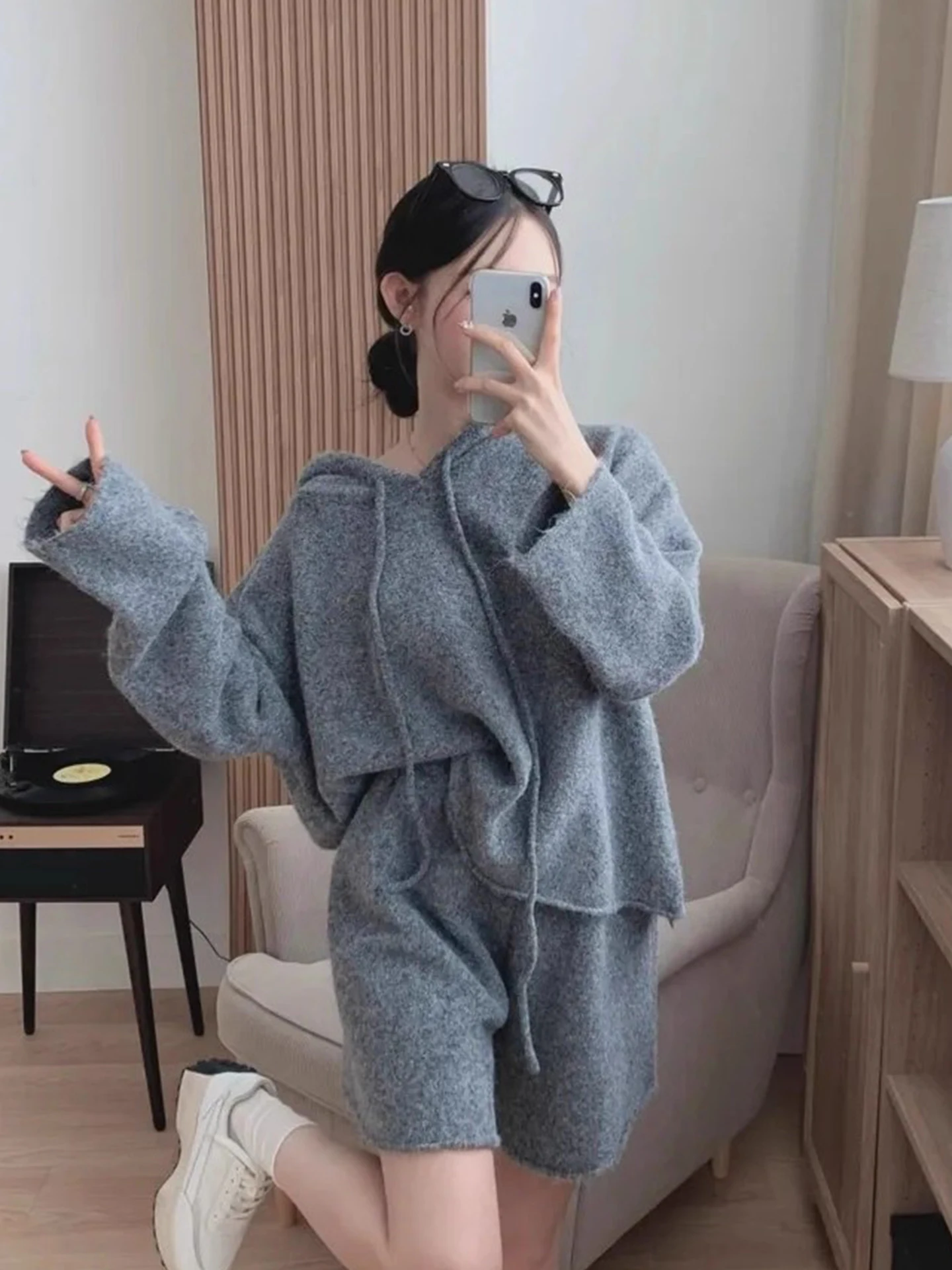 Ele Knitted Loose Cuffed Sweater Women's High Waist Casual orts Two Piece Set Commute Sle Long Sve Autumn Faion