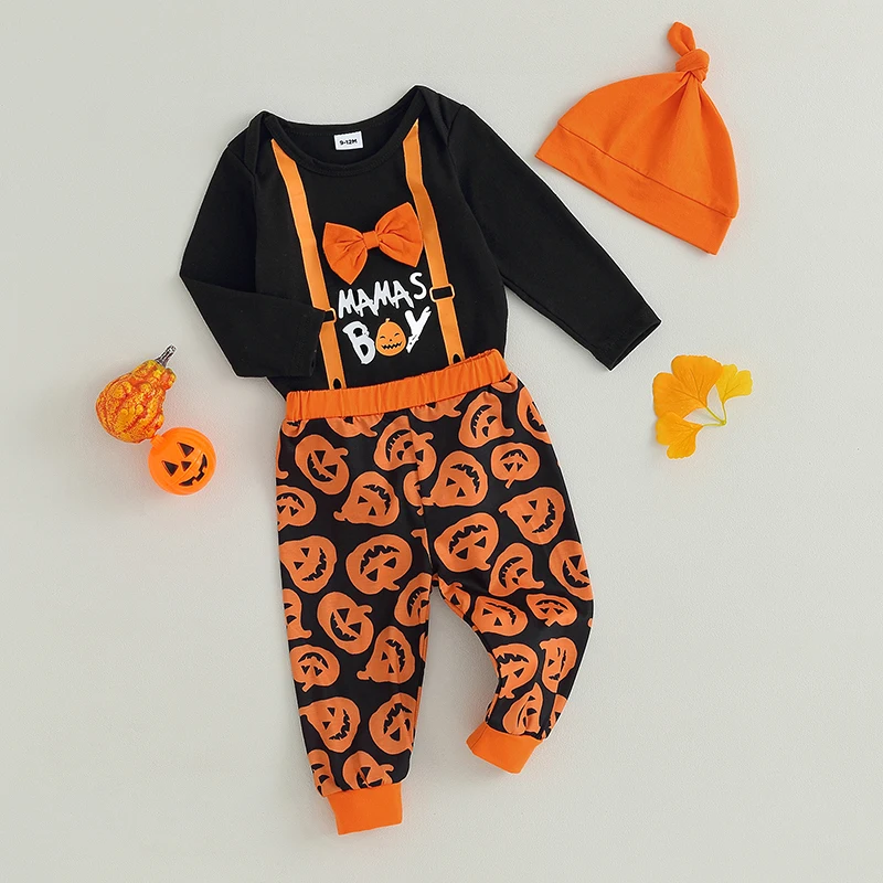 Toddler Boys Autumn Outfits Letter Print Crew Neck Long Sleeve Jumpsuits Ghost Print Long Pants Beanie 3Pcs Halloween Costume