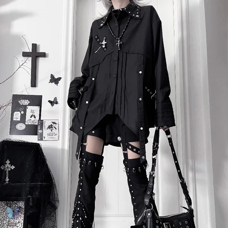 Japanese Rojita Deconstructed Design Sense Blusas Fashion Tie Metal Versatile Shirt Single-Breasted Long Sleeves Blouse Jacket